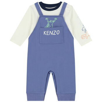 Baby Boys Blue & Ivory Logo & Frog Dungaree Set